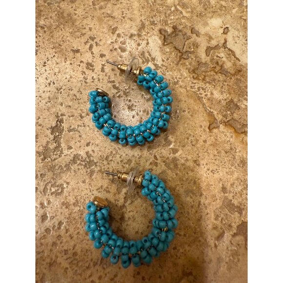 Set Of 2 Pairs Of Earrings: Boho Chic Turquoise Bead Hoops & Brown Wood Dangle E - Picture 2 of 3